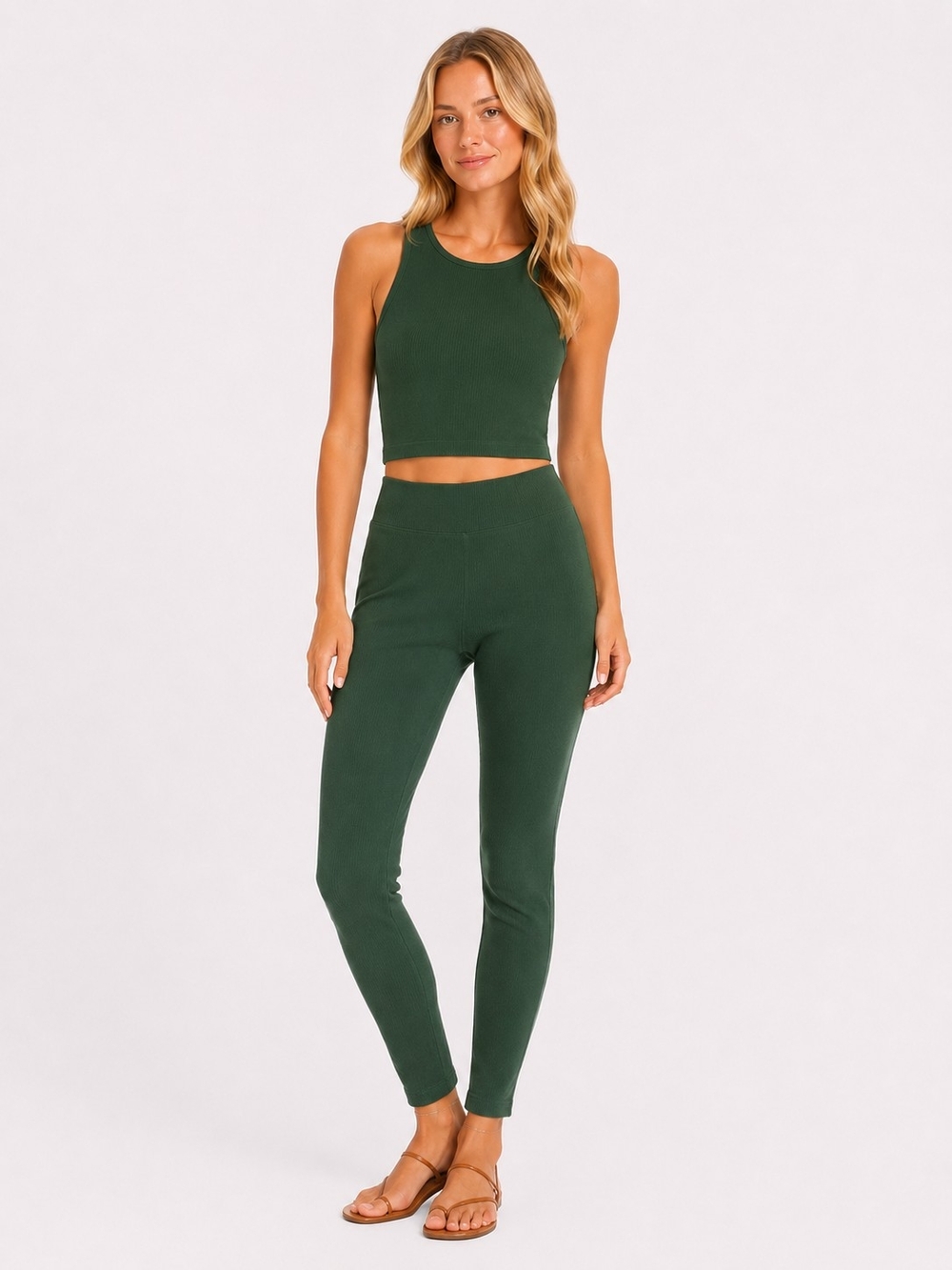 NWT Pull&Bear Green Ribbed Tank Top&Leggings Matching Set